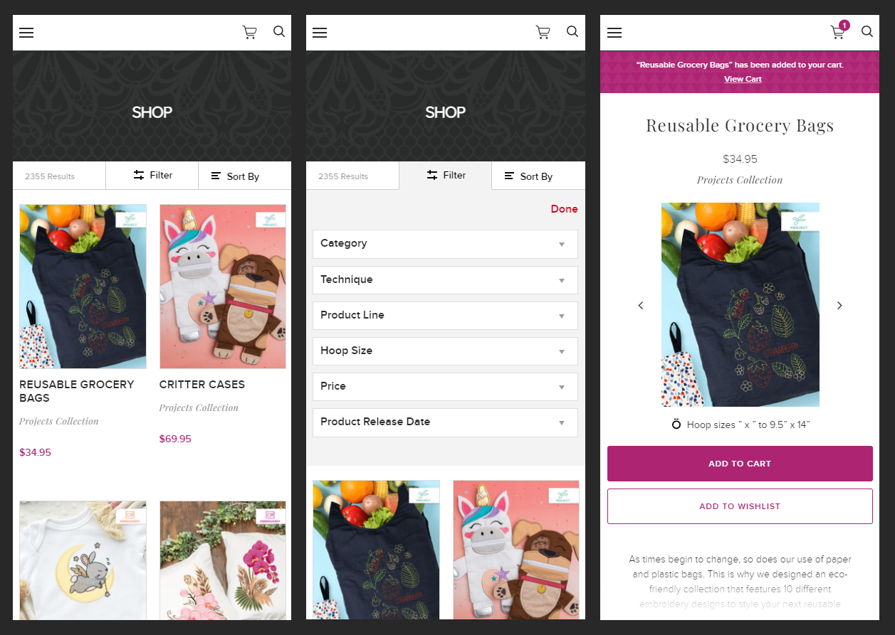 Three screenshots of mobile design refresh for WooCommerce shop and product page