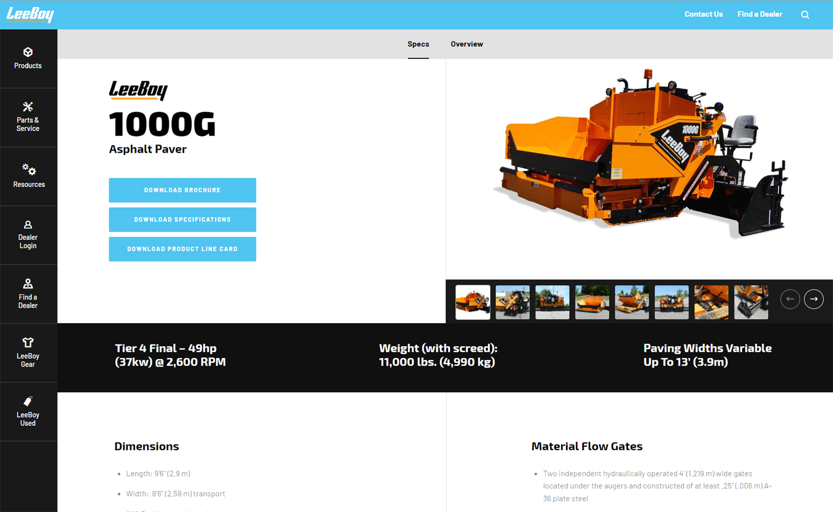 Screenshot of desktop view of product page for construction website