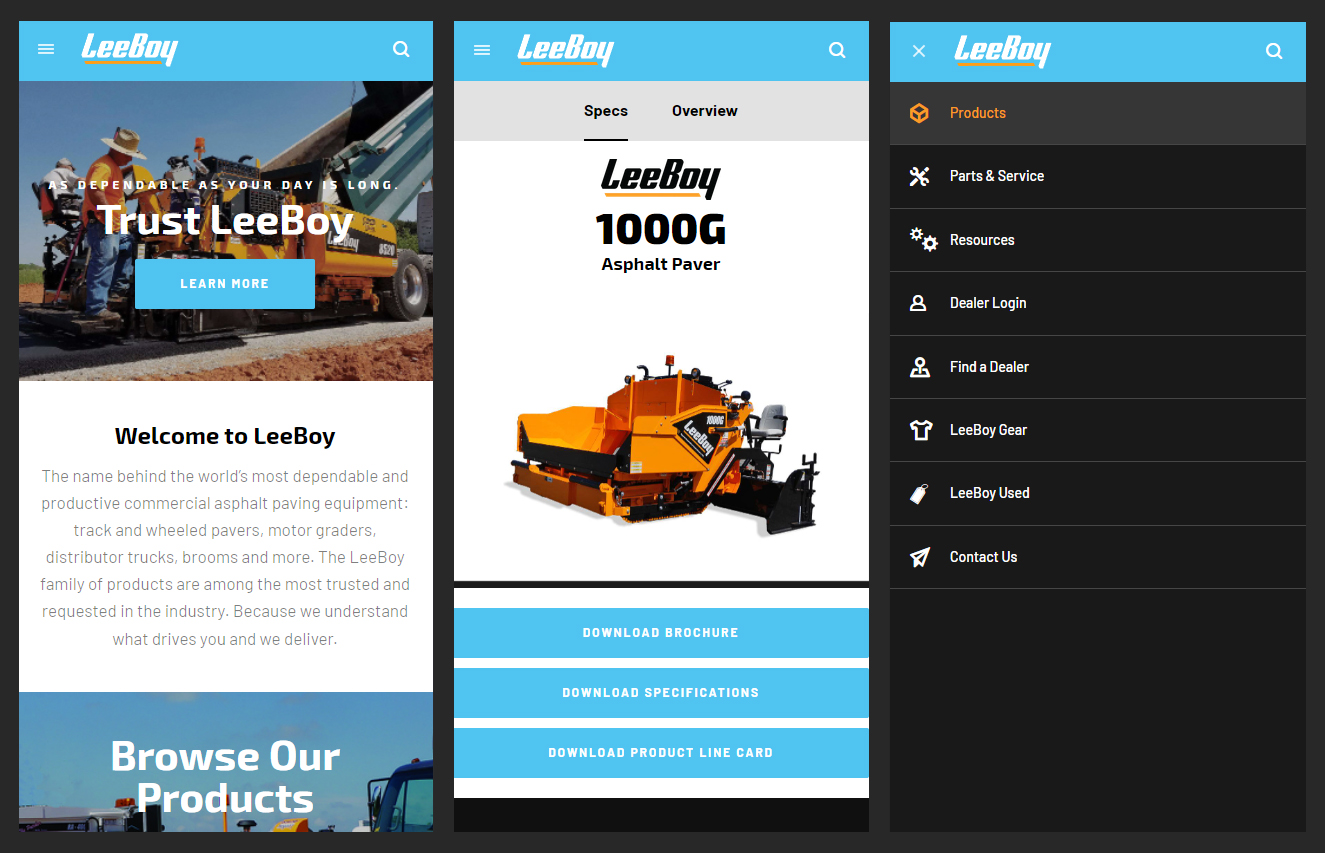 Construction website development, 3 mobile website screenshots