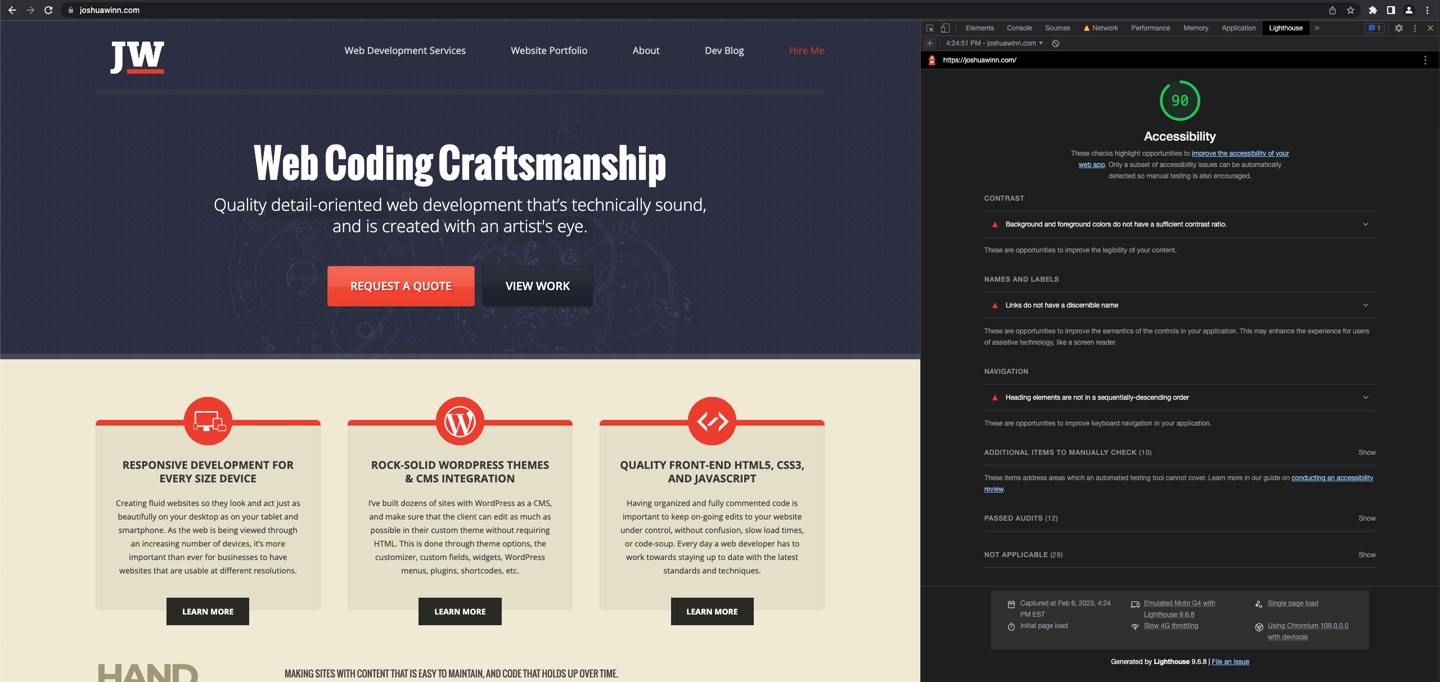 Initial Lighthouse accessibility scan of my developer WordPress website, with a 90 Score